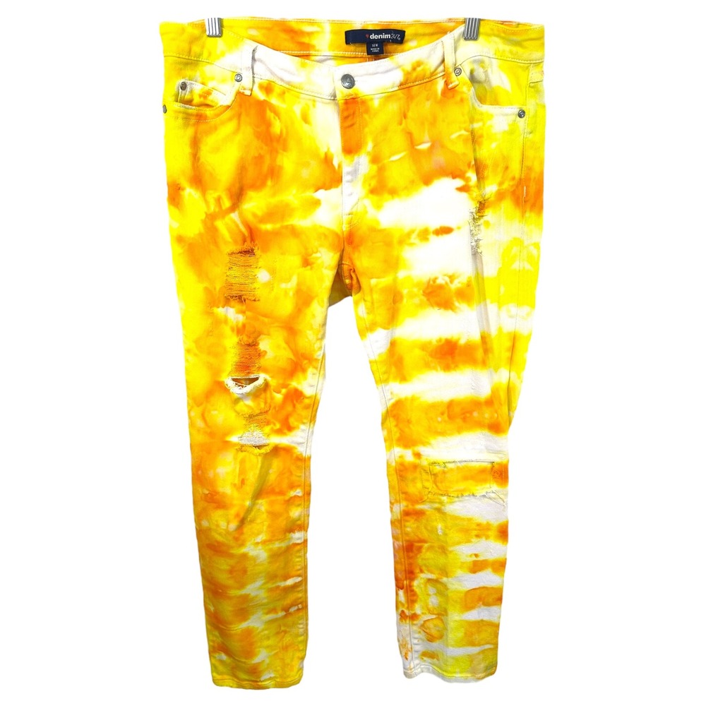 Denim 24/7 Plus Size 14W Jeans Handmade Tie Dye Distressed‎ Skinny Yellow 851
